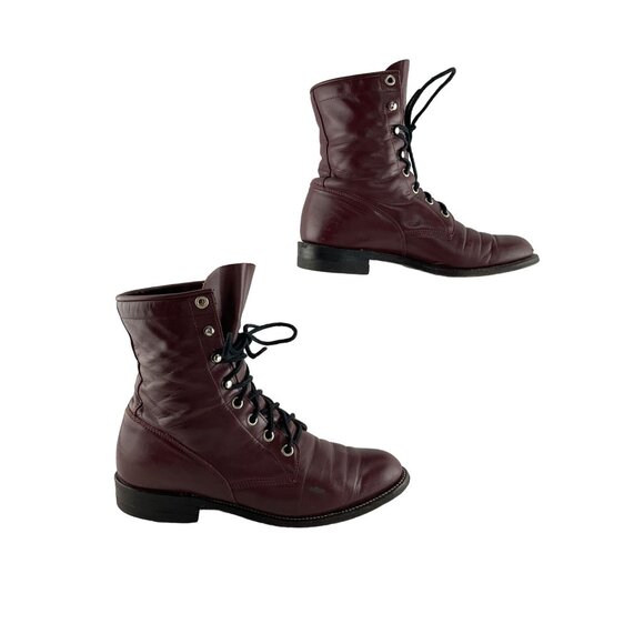 Ladies Justin USA Burgundy Leather Lace Up Roper Western Boots Size 6.5 B - Picture 1 of 7